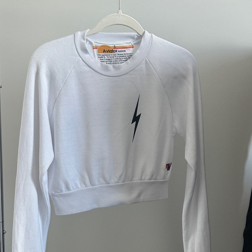 Aviator Nation White Sweatshirt with Black Lightning Bolt